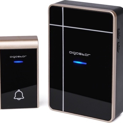 Campainha sem fios dourada e preta com botão e receptor