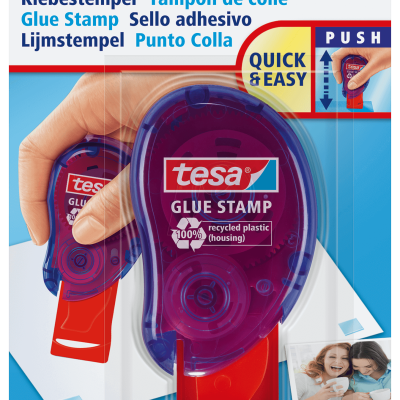 Pacote de dois carimbos adesivos Tesa Glue Stamp vermelho e transparente com selo ecológico.