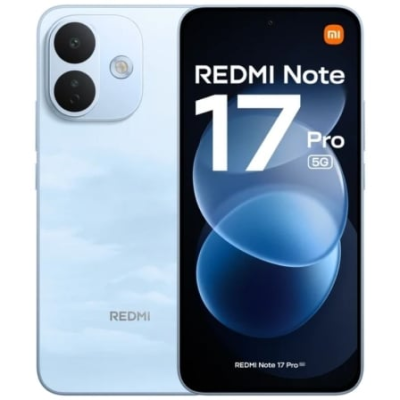 Smartphone Redmi Note 17 Pro 5G azul claro com duas câmaras e ecrã frontal