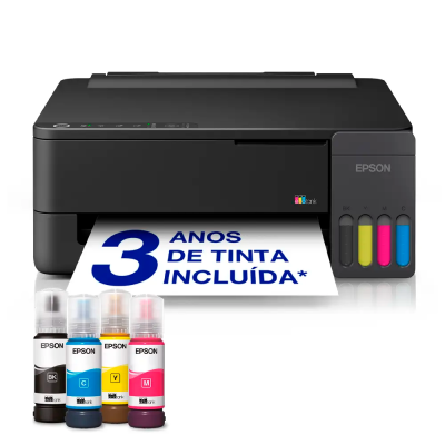 Impressora Epson preta com tanques de tinta e frascos de tinta coloridos