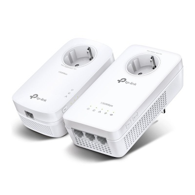 Adaptadores de rede TP-Link brancos com tomada e LEDs indicadores