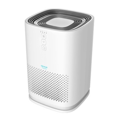 Purificador de ar branco com botões e painéis perfurados