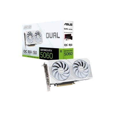 Placa gráfica ASUS GeForce RTX 5060 branca com duas ventoinhas e caixa
