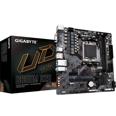 Placa-mãe GIGABYTE B650M S2H preta com embalagem preta com texto largo