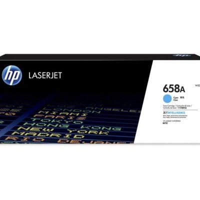 Embalagem toner HP LaserJet 658A ciano com texto de cidades coloridas