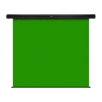 Ecrã de projeção verde com suporte preto e marca ozone.