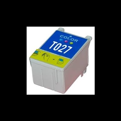 Cartucho de tinta colorido T027 com etiquetas azuis e amarelas