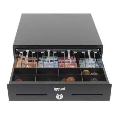 Gaveta de caixa registadora preta aberta com notas e moedas