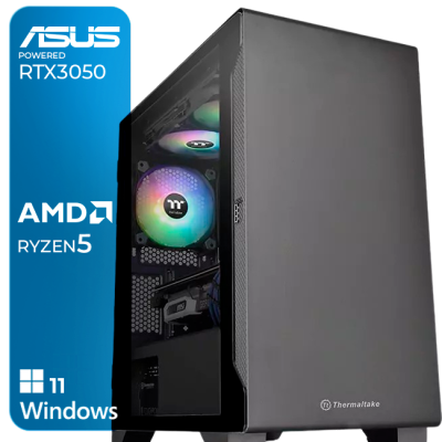 Computador desktop preto Thermaltake com ventoinhas RGB e textos ASUS, AMD Ryzen 5 e Windows 11.