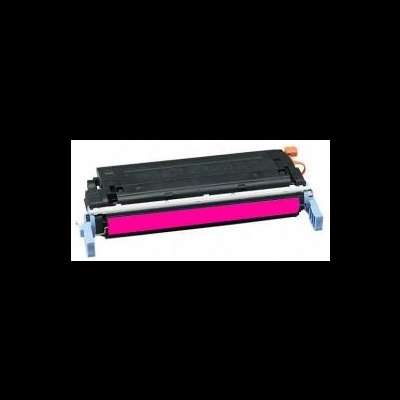 Cartucho de toner preto com parte rosa e detalhes azuis