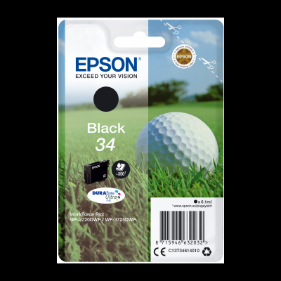 Cartucho de tinta Epson Black 34 em embalagem com imagem de bola de golfe na relva