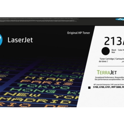 Caixa de toner HP LaserJet 213A preta com texto e gráficos coloridos