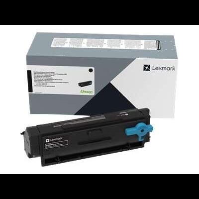 Toner Lexmark preto com embalagem cinza, branca e preta.