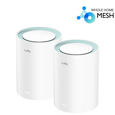 Dispositivos cudy brancos cilíndricos com detalhes azuis para rede mesh doméstica