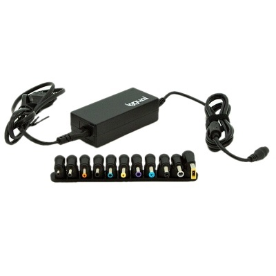 Carregador universal preto com adaptadores coloridos e cabo