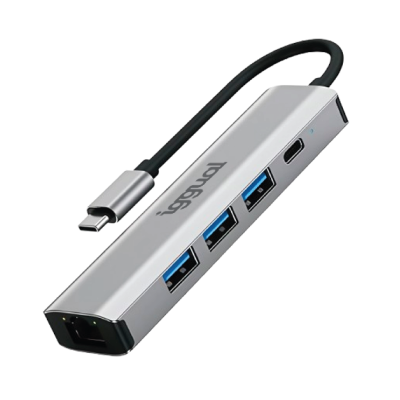 Multiplicador USB tipo C prateado com 3 portas USB 3.0 e 1 porta USB tipo C com cabo preto curto