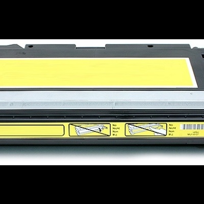 Cartucho de toner amarelo preto com etiquetas e partes azul