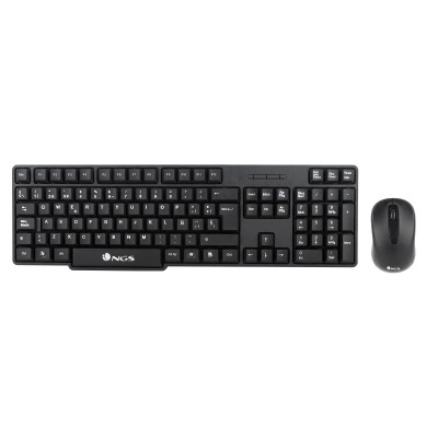Conjunto teclado e rato sem fios preto com teclas QWERTY portuguesas e logotipo NGS