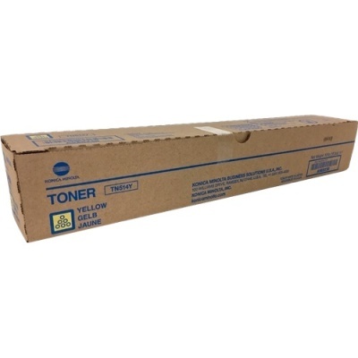 Embalagem de toner Konica Minolta TN514Y castanha com texto azul e símbolo amarelo