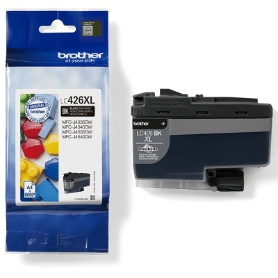 Tinta para impressora Brother LC426XL preta em embalagem azul e branco.