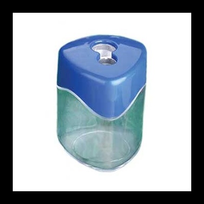 Apontador azul e transparente com lâmina metálica