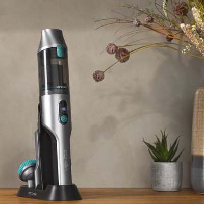 aspirador portátil sem fios metalizado prateado e preto com visor digital