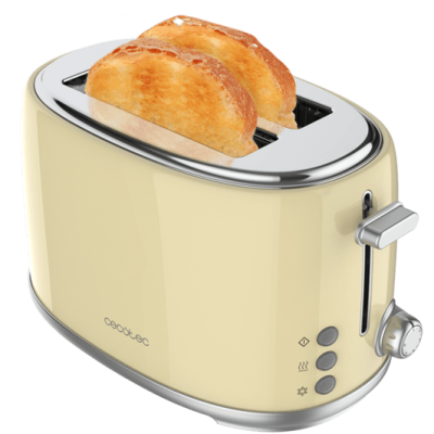 Torradeira elétrica bege com duas fatias de pão torrado e controlo frontal