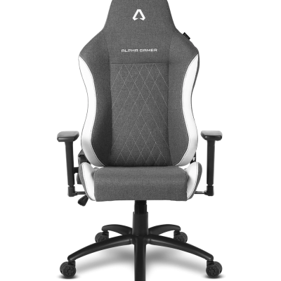 Cadeira de gaming cinzenta com detalhes em branco e rodas