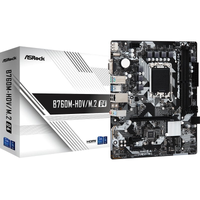Motherboard ASRock B760M-HDV/M.2 D4 com caixa ao lado