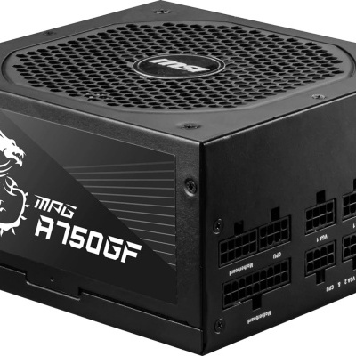 Fonte de alimentação MSI MAG A750GF preta com ventoinha e conectores modulares