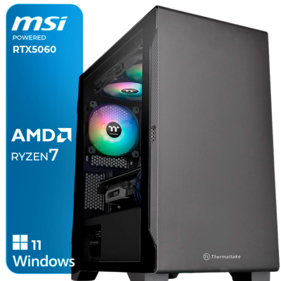 Computador de secretária cinzento escuro com perspetiva lateral em vidro transparente e texto de hardware