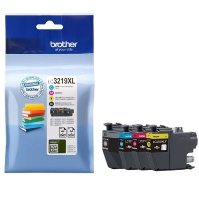 Conjunto de tinteiros de impressora Brother LC3219XL com embalagem azul e tinteiros coloridos