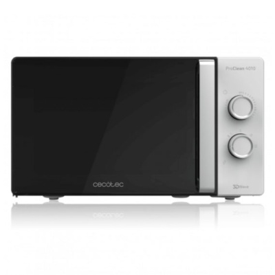 Micro-ondas preto com painel branco e dois botões de controlo