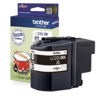 Tinteiro Brother LC22UBK XL preto com embalagem azul e verde clara ao fundo