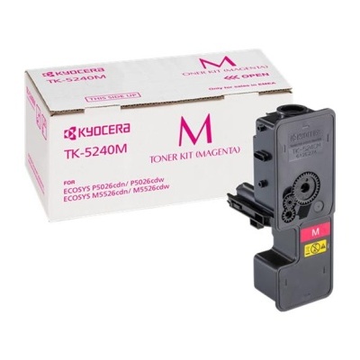 Cartucho de toner Kyocera TK-5240M magenta junto à sua caixa branca com texto rosa