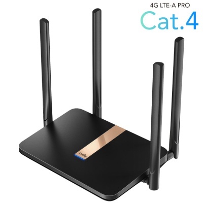 Roteador Wi-Fi preto com quatro antenas e faixa dourada