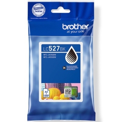 Embalagem azul de tinteiro preto Brother LC527BK com selo original e indicação de páginas