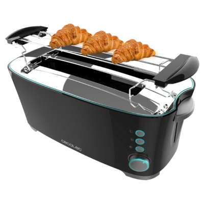 Torradeira preta Cecotec com croissants na grelha superior