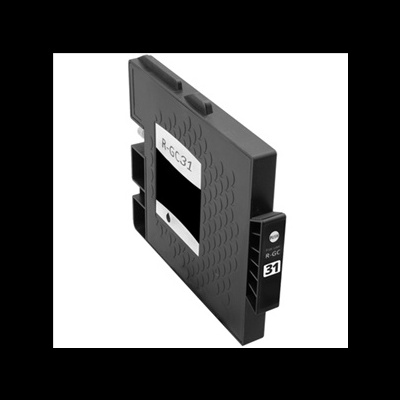 Cartucho de tinta preto R-GC31 com textura e etiquetas visíveis