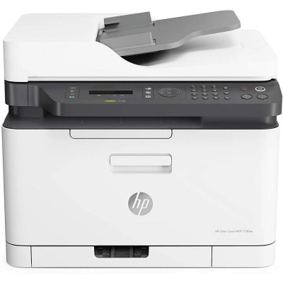 Impressora multifunções HP Color Laser MFP 179fnw branca com painel cinzento e botões