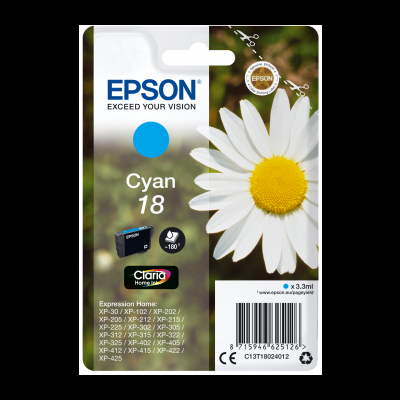 Cartucho de tinta Epson ciano 18 com embalagem branca e imagem de margarida