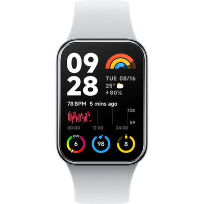 Relógio inteligente branco com ecrã digital colorido mostrando várias métricas de saúde e tempo.