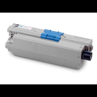 Cartucho de toner cinza com componente azul e etiqueta com texto
