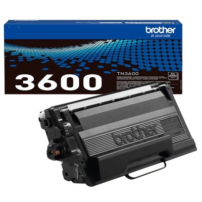Cartucho de toner Brother TN3600 preto com embalagem azul e preta.