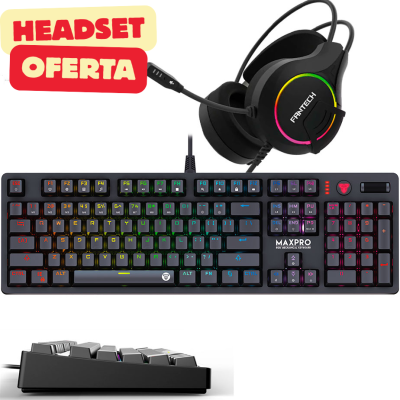 Headset preto com iluminação RGB e teclado mecânico MAXPRO colorido