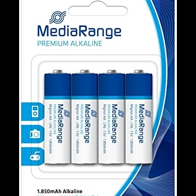 Pack quatro pilhas AA alcalinas MediaRange azul e branco