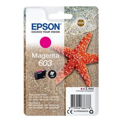 Embalagem de tinta Epson Magenta 603 com estrela-do-mar e areia