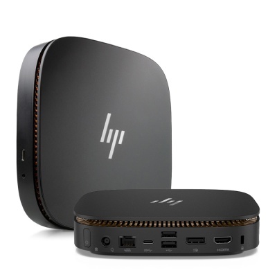 Mini PC preto da HP com várias portas e ventilação laranja