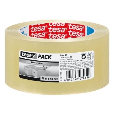 Rolo de fita adesiva transparente tesa com rótulo e código de barras