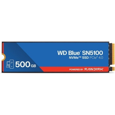 SSD NVMe WD Blue SN5100 500 GB com etiqueta azul e preta e contatos dourados